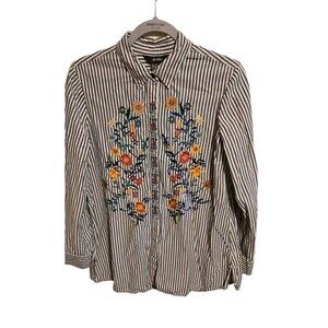 Ali Miles Blue Stripped Embroidered Womem's Size Medium Floral Blouse Cottage...